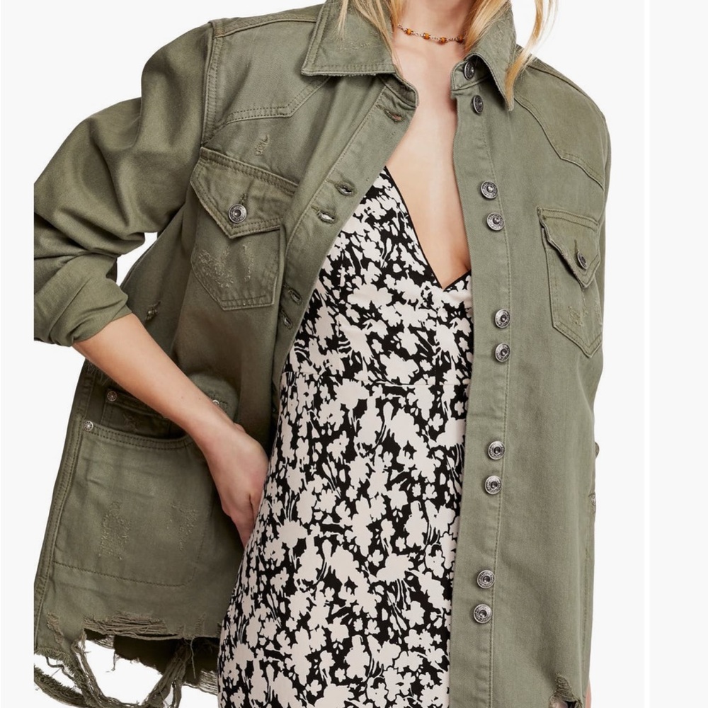 Free People Moonchild Utility Jacket Medium Olive Green Distressed Military